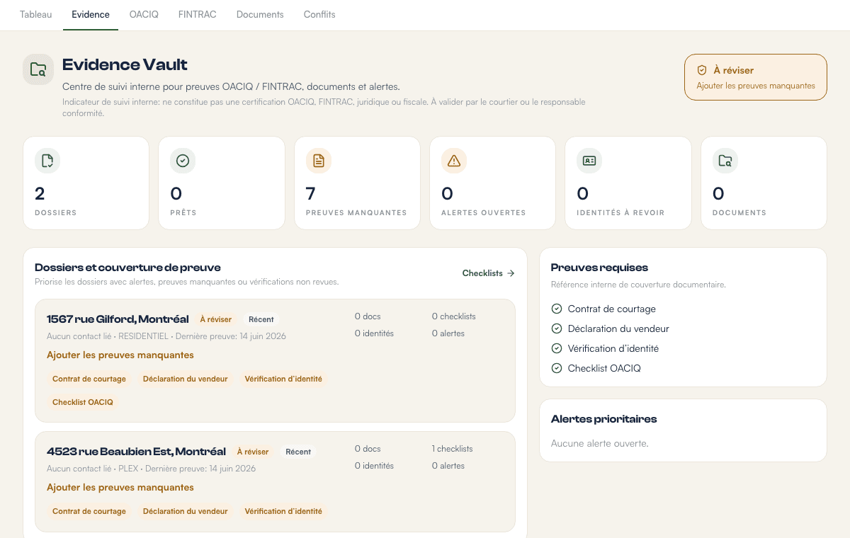 Evidence Vault TonCourtage avec dossiers, preuves manquantes et checklists OACIQ.