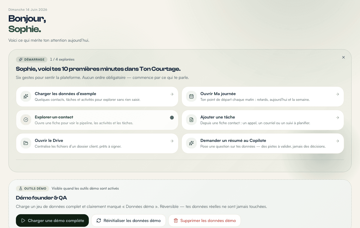 Tableau de bord TonCourtage avec onboarding, relances et outils demo.