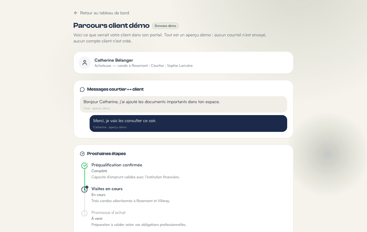 Parcours client demo TonCourtage avec messages, prochaines etapes et documents.